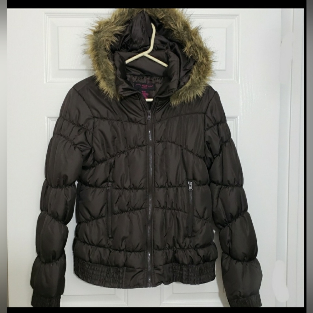 New Look Dark Brown Puffer Jacket with Faux Fur Hood
